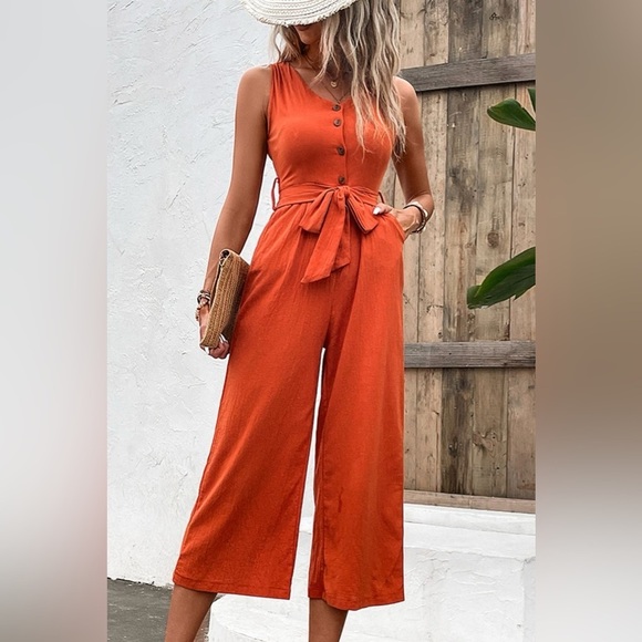 Summer Quench Button Front V Neck Tie Waist Jumpsuit - Picture 7 of 7